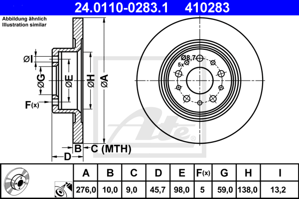 Disque de frein arriere ATE 24.0110-0283.1 (X1)