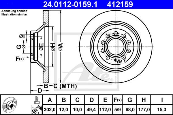 Disque de frein arriere ATE 24.0112-0159.1 (X1)