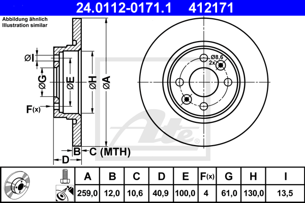 Disque de frein avant ATE 24.0112-0171.1 (X1)