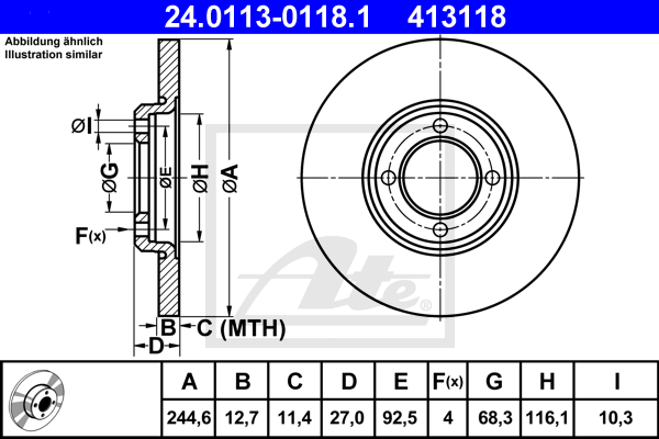 Disque de frein avant ATE 24.0113-0118.1 (X1)