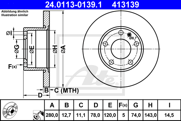 Disque de frein avant ATE 24.0113-0139.1 (X1)