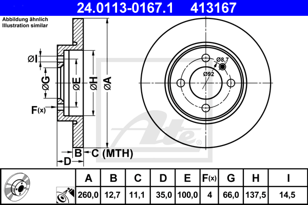 Disque de frein avant ATE 24.0113-0167.1 (X1)
