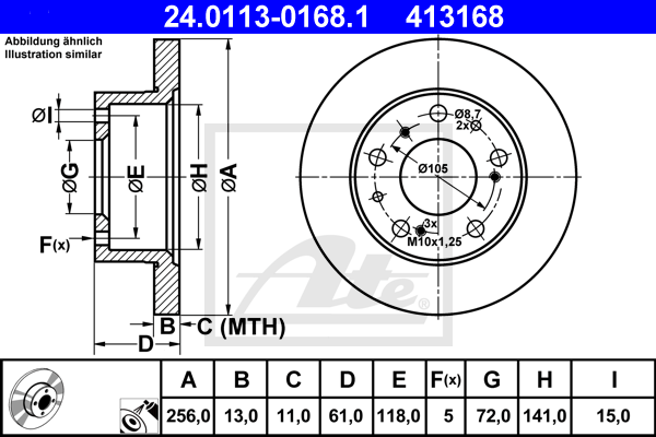 Disque de frein avant ATE 24.0113-0168.1 (X1)