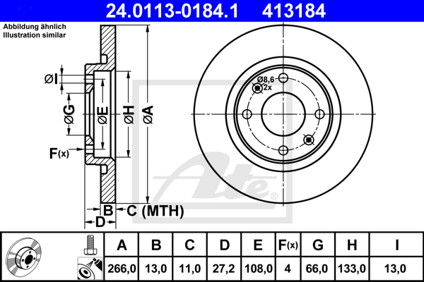 Disque de frein avant ATE 24.0113-0184.1 (X1)