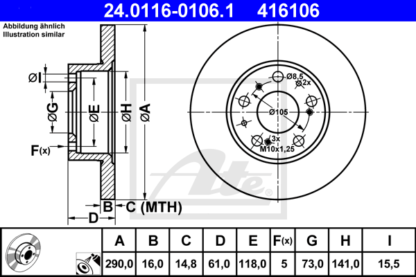 Disque de frein avant ATE 24.0116-0106.1 (X1)