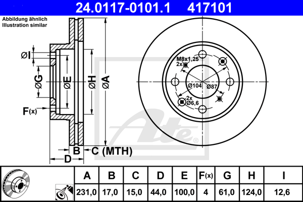 Disque de frein avant ATE 24.0117-0101.1 (X1)