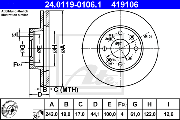 Disque de frein avant ATE 24.0119-0106.1 (X1)