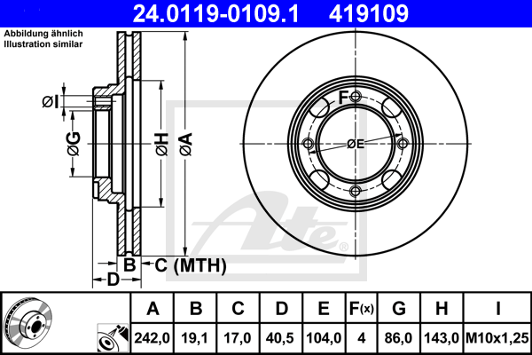 Disque de frein avant ATE 24.0119-0109.1 (X1)