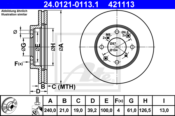 Disque de frein avant ATE 24.0121-0113.1 (X1)