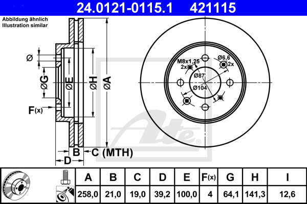 Disque de frein avant ATE 24.0121-0115.1 (X1)