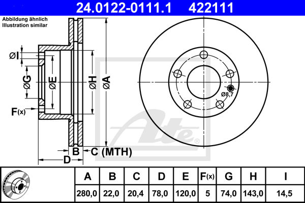 Disque de frein avant ATE 24.0122-0111.1 (X1)