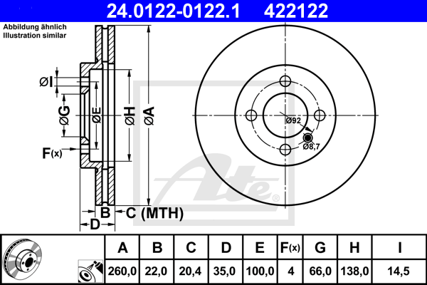 Disque de frein avant ATE 24.0122-0122.1 (X1)
