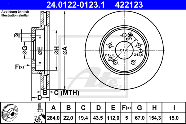 Disque de frein avant ATE 24.0122-0123.1 (X1)