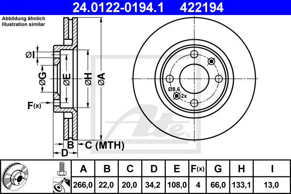 Disque de frein avant ATE 24.0122-0194.1 (X1)