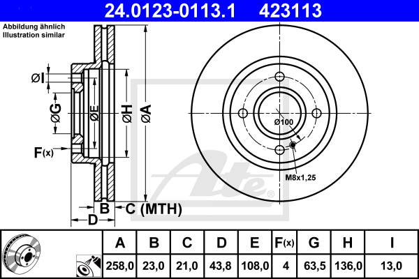 Disque de frein avant ATE 24.0123-0113.1 (X1)