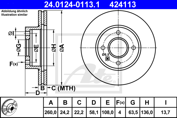 Disque de frein avant ATE 24.0124-0113.1 (X1)
