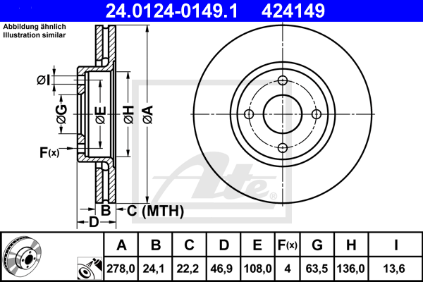 Disque de frein avant ATE 24.0124-0149.1 (X1)
