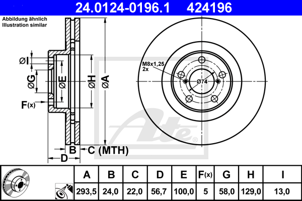 Disque de frein avant ATE 24.0124-0196.1 (X1)