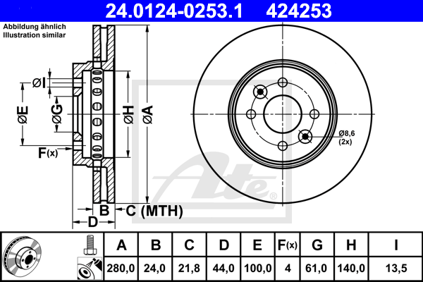 Disque de frein avant ATE 24.0124-0253.1 (X1)