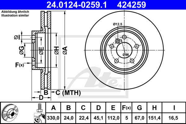 Disque de frein avant ATE 24.0124-0259.1 (X1)