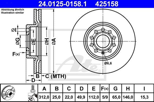 Disque de frein avant ATE 24.0125-0158.1 (X1)