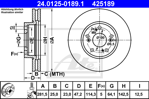 Disque de frein avant ATE 24.0125-0189.1 (X1)
