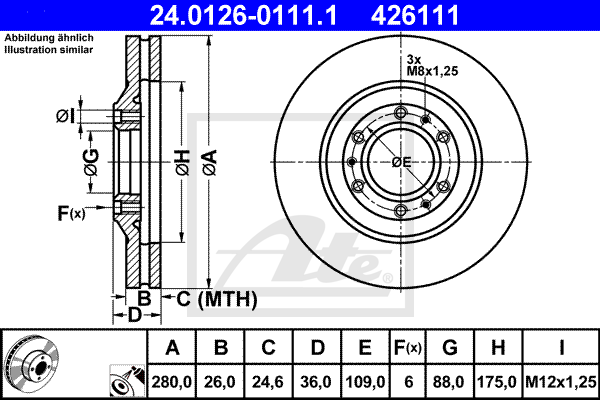 Disque de frein avant ATE 24.0126-0111.1 (X1)