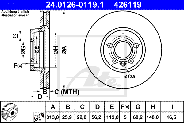 Disque de frein avant ATE 24.0126-0119.1 (X1)