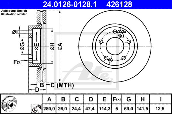 Disque de frein avant ATE 24.0126-0128.1 (X1)