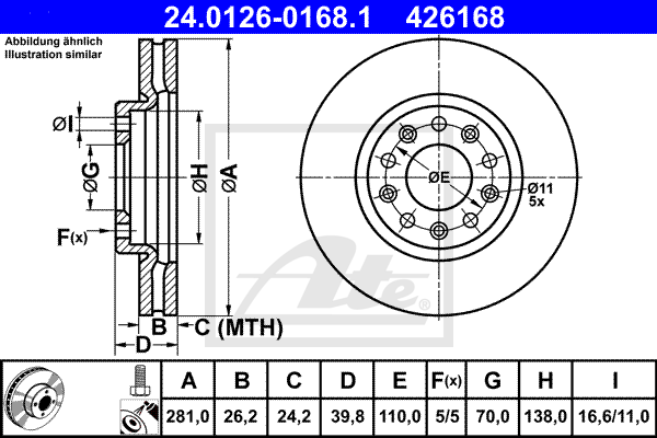 Disque de frein avant ATE 24.0126-0168.1 (X1)