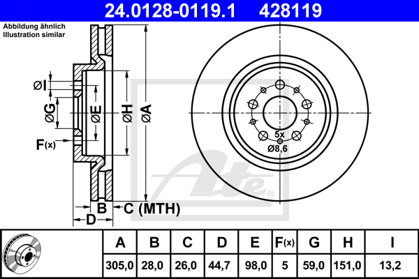 Disque de frein avant ATE 24.0128-0119.1 (X1)