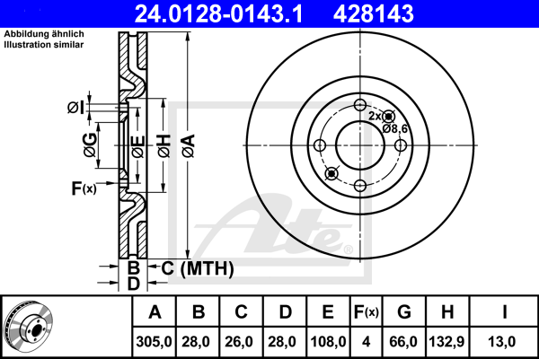 Disque de frein avant ATE 24.0128-0143.1 (X1)