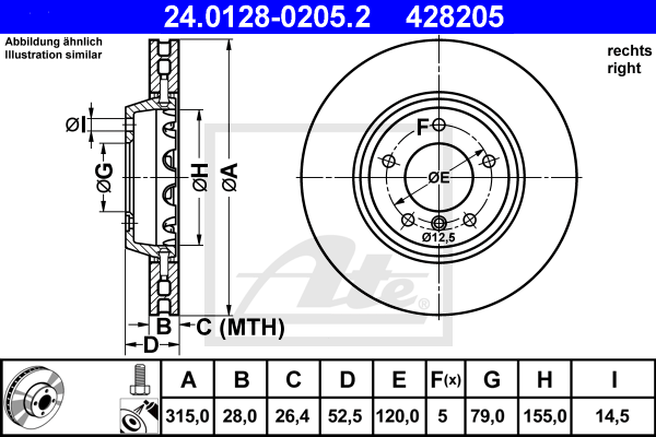 Disque de frein avant ATE 24.0128-0205.2 (X1)
