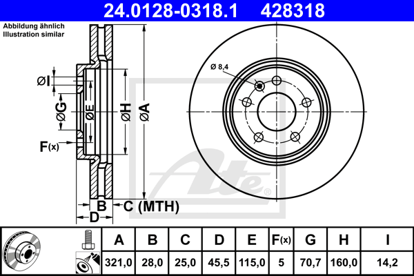 Disque de frein avant ATE 24.0128-0318.1 (X1)