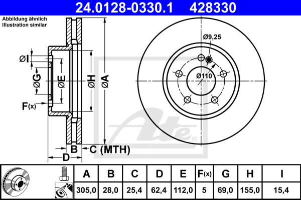 Disque de frein avant ATE 24.0128-0330.1 (X1)