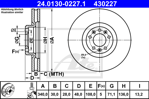 Disque de frein avant ATE 24.0130-0227.1 (X1)