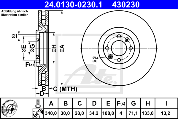 Disque de frein avant ATE 24.0130-0230.1 (X1)