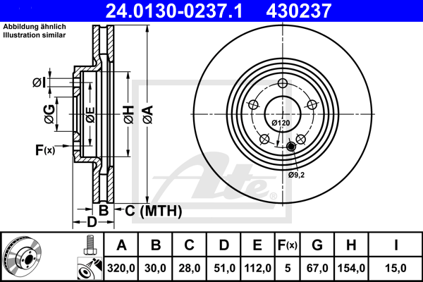 Disque de frein avant ATE 24.0130-0237.1 (X1)