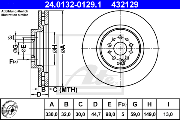 Disque de frein avant ATE 24.0132-0129.1 (X1)