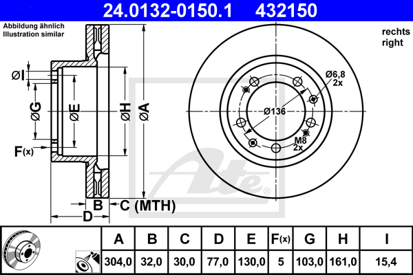 Disque de frein avant ATE 24.0132-0150.1 (X1)