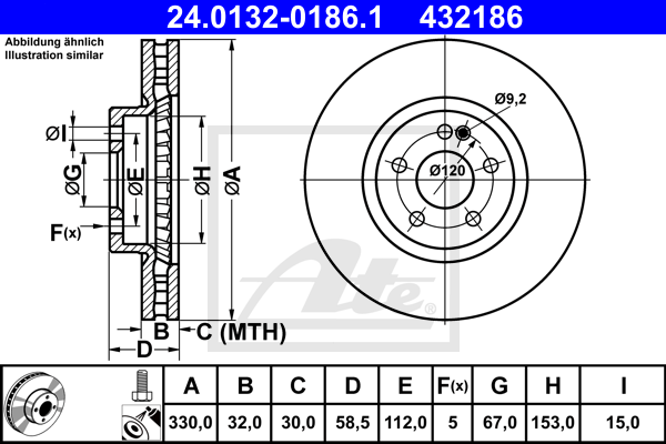 Disque de frein avant ATE 24.0132-0186.1 (X1)