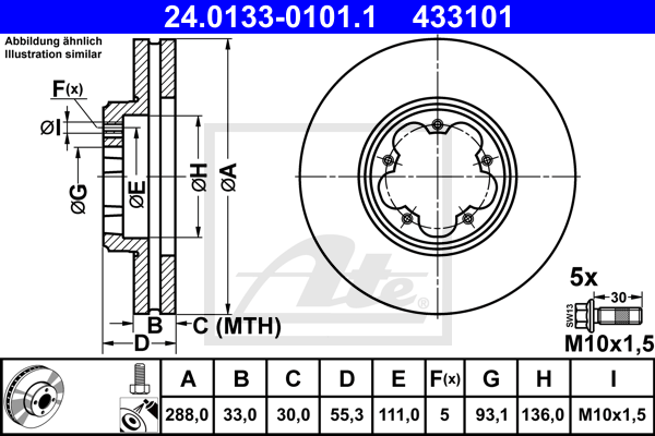 Disque de frein avant ATE 24.0133-0101.1 (X1)