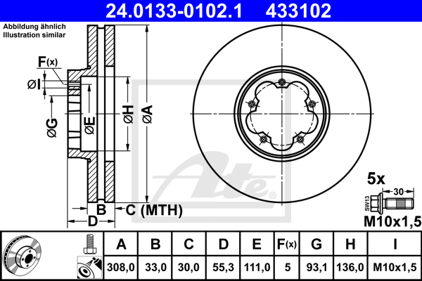 Disque de frein avant ATE 24.0133-0102.1 (X1)