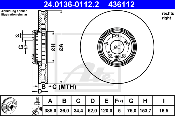 Disque de frein avant ATE 24.0136-0112.2 (X1)