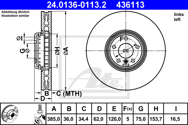 Disque de frein avant ATE 24.0136-0113.2 (X1)