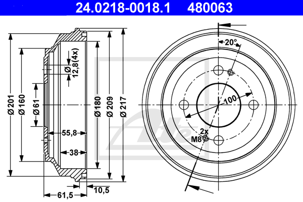 Tambour de frein arriere ATE 24.0218-0018.1 (X1)