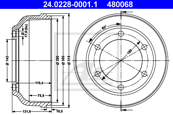 Tambour de frein arriere ATE 24.0228-0001.1 (X1)