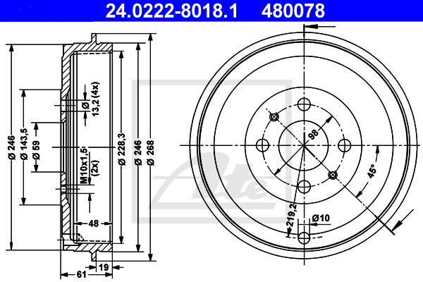 Tambour de frein arriere ATE 24.0222-8018.1 (X1)