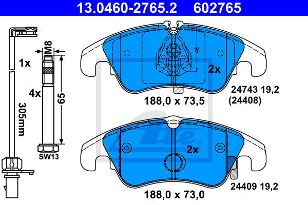 Plaquettes de frein avant ATE 13.0460-2765.2 (Jeu de 4)