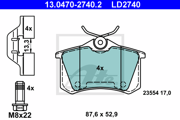 Plaquettes de frein arriere ATE 13.0470-2740.2 (X1)